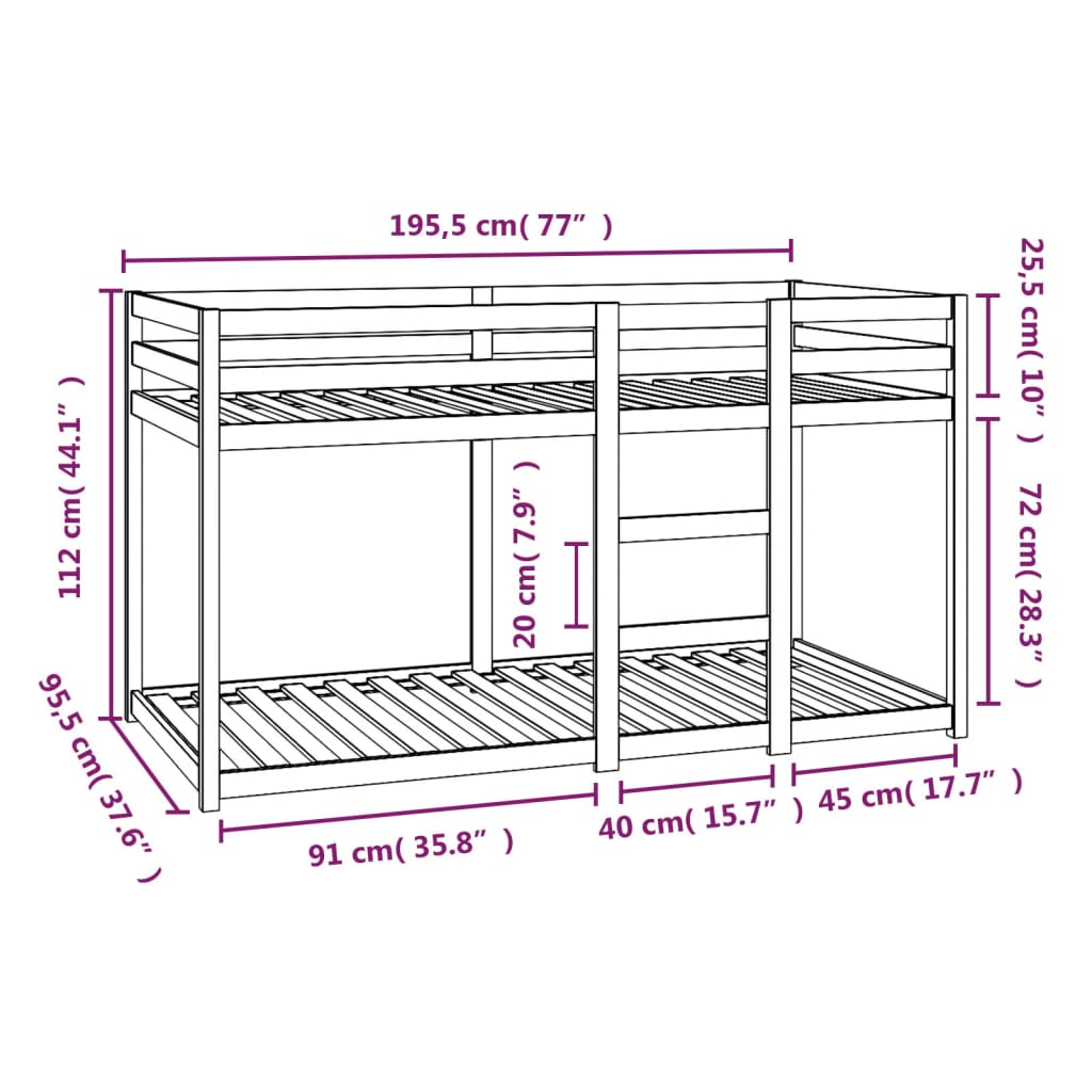 vidaXL Cama litera sin colchón madera maciza de pino 90x190 cm