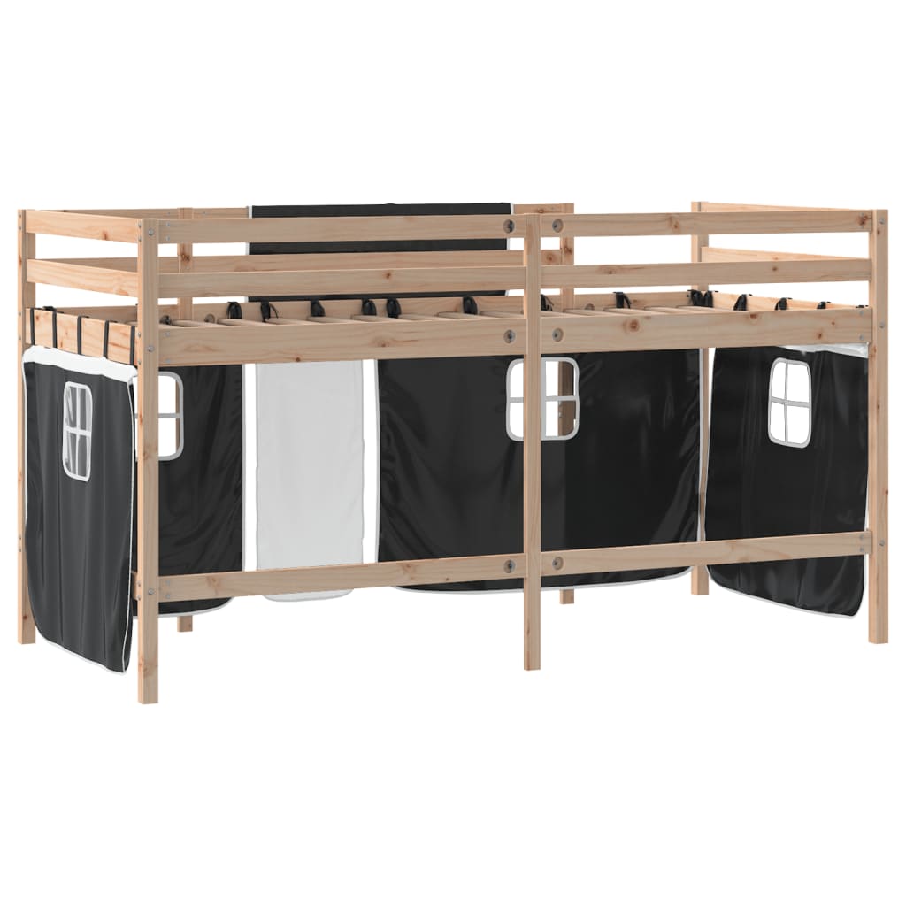 vidaXL Cama alta niños con cortinas madera pino blanco negro 80x200 cm