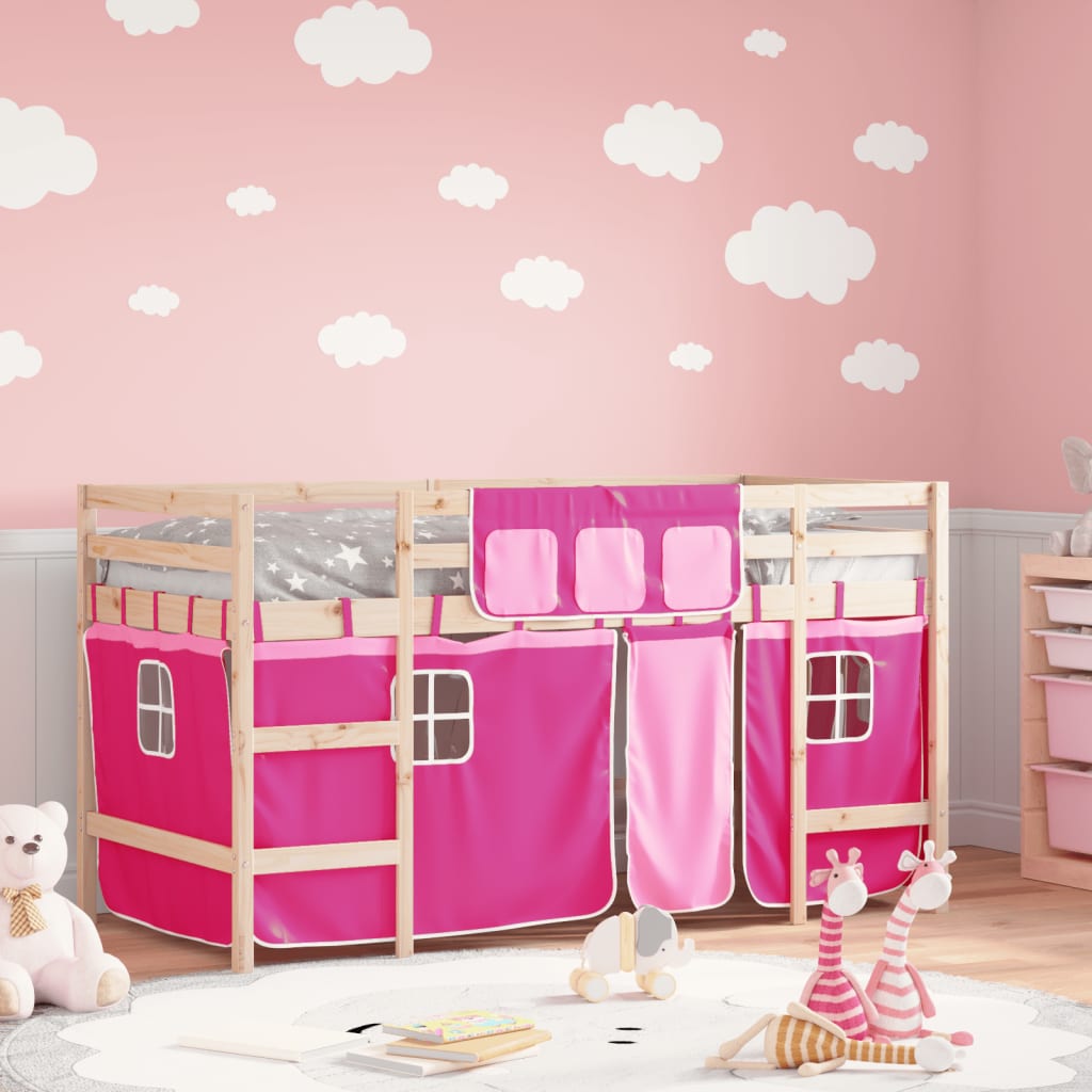 vidaXL Cama alta para niños con cortinas madera pino rosa 80x200 cm