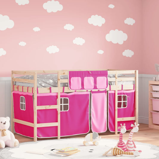 vidaXL Cama alta para niños con cortinas madera pino rosa 80x200 cm