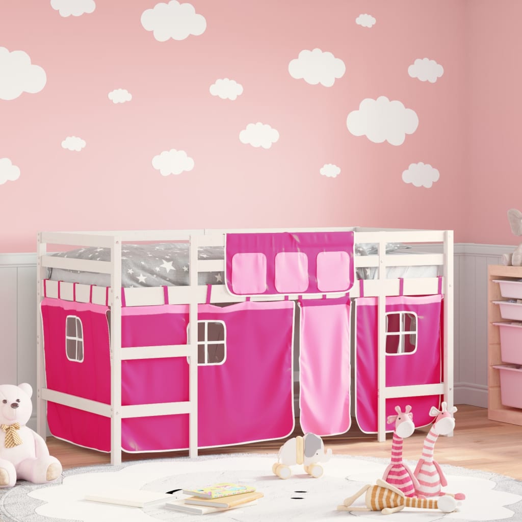 vidaXL Cama alta para niños con cortinas madera pino rosa 80x200 cm