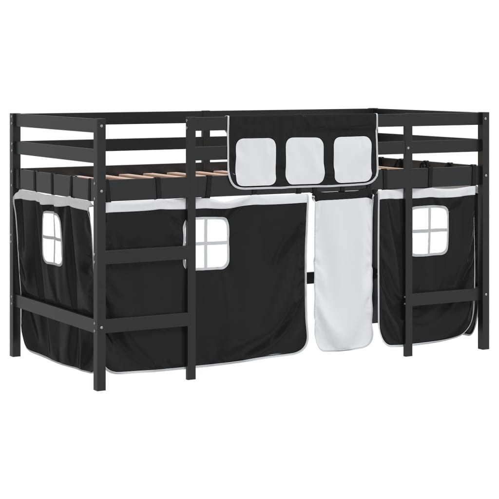 vidaXL Cama alta niños con cortinas madera pino blanco negro 80x200 cm