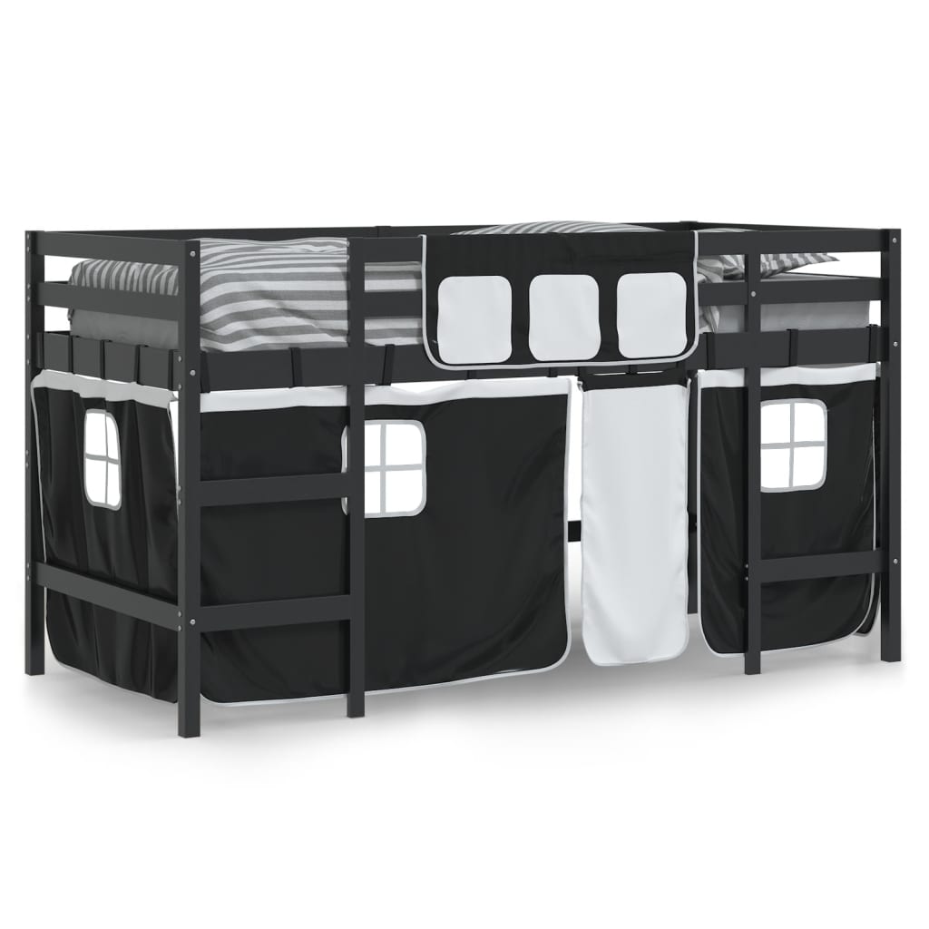 vidaXL Cama alta niños con cortinas madera pino blanco negro 80x200 cm