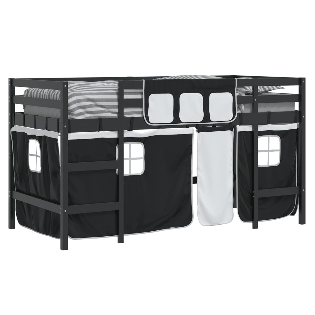 vidaXL Cama alta niños con cortinas madera pino blanco negro 80x200 cm