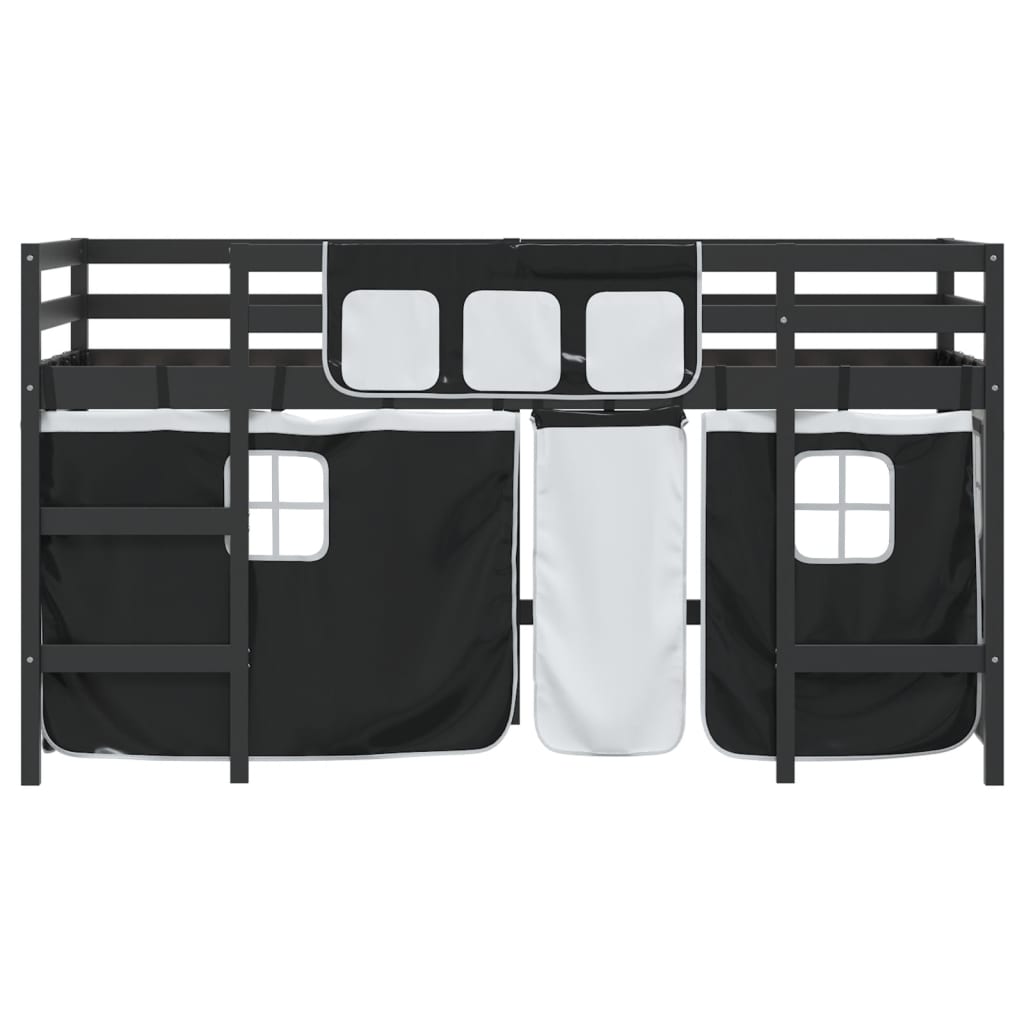 vidaXL Cama alta niños con cortinas madera pino blanco negro 80x200 cm