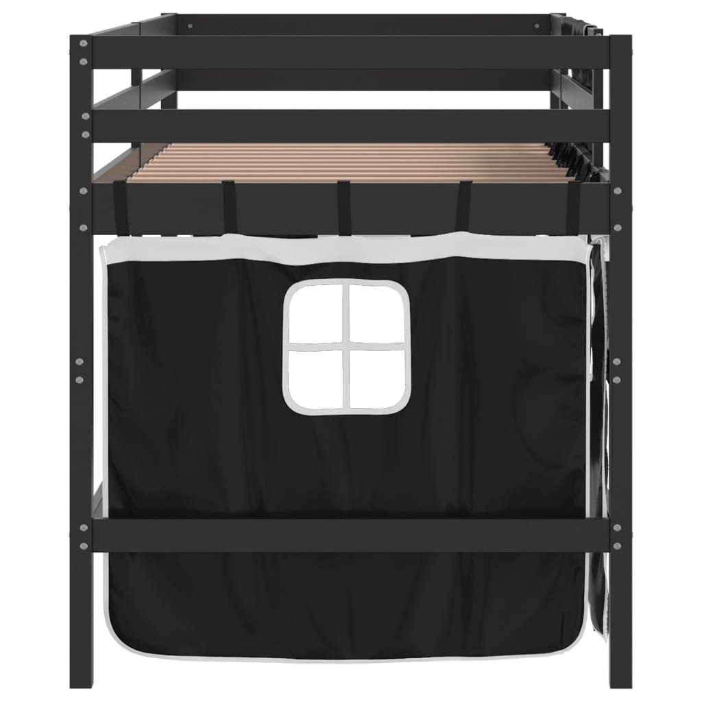 vidaXL Cama alta niños con cortinas madera pino blanco negro 80x200 cm