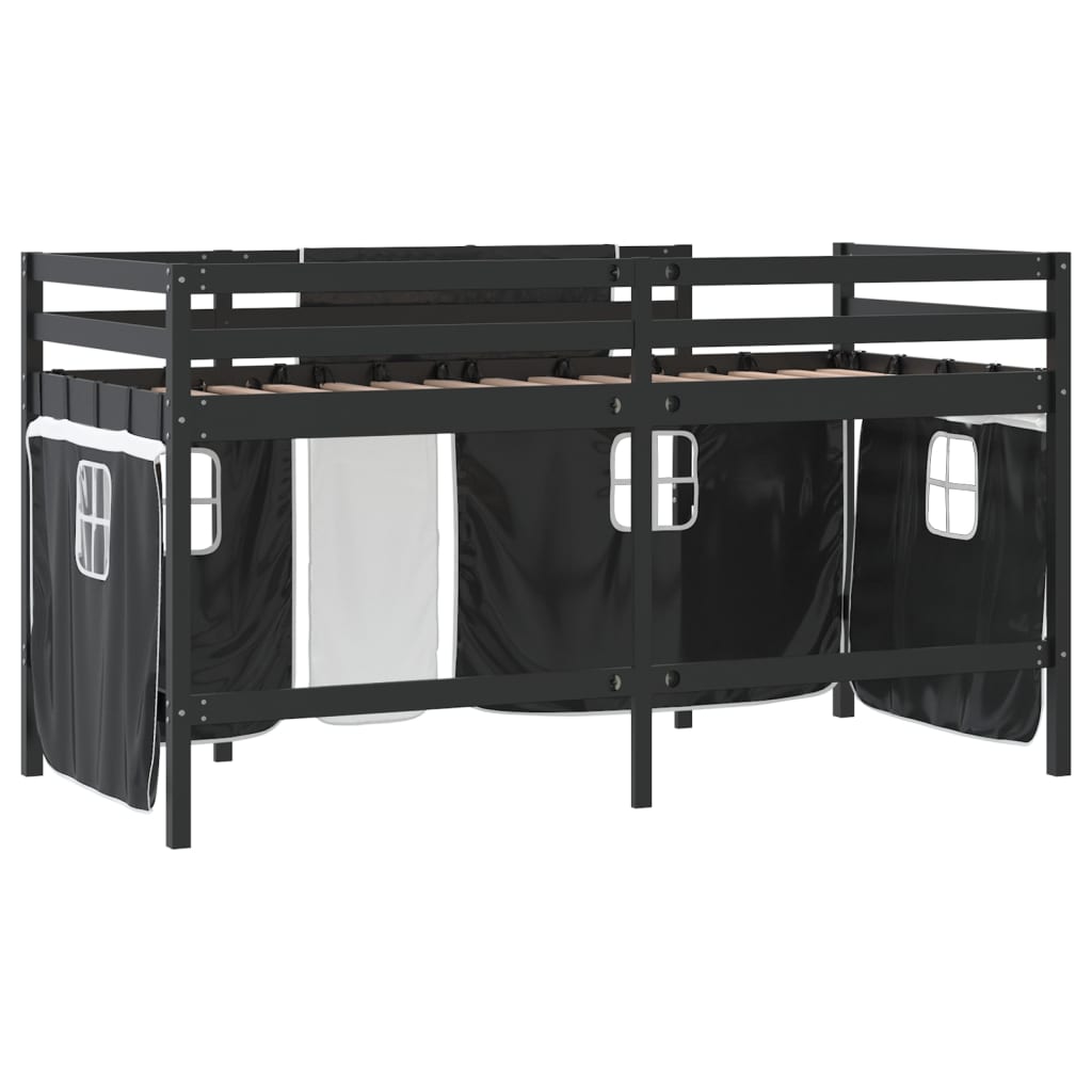 vidaXL Cama alta niños con cortinas madera pino blanco negro 80x200 cm