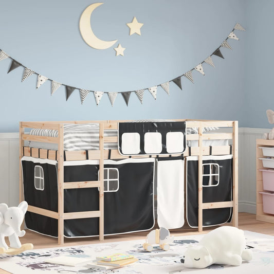 vidaXL Cama alta niños con cortinas madera pino blanco negro 90x200 cm