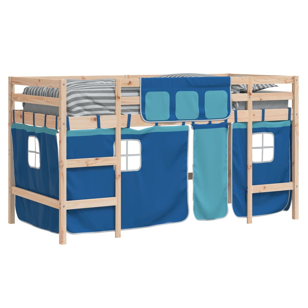 vidaXL Cama alta para niños con cortinas madera pino azul 90x200 cm