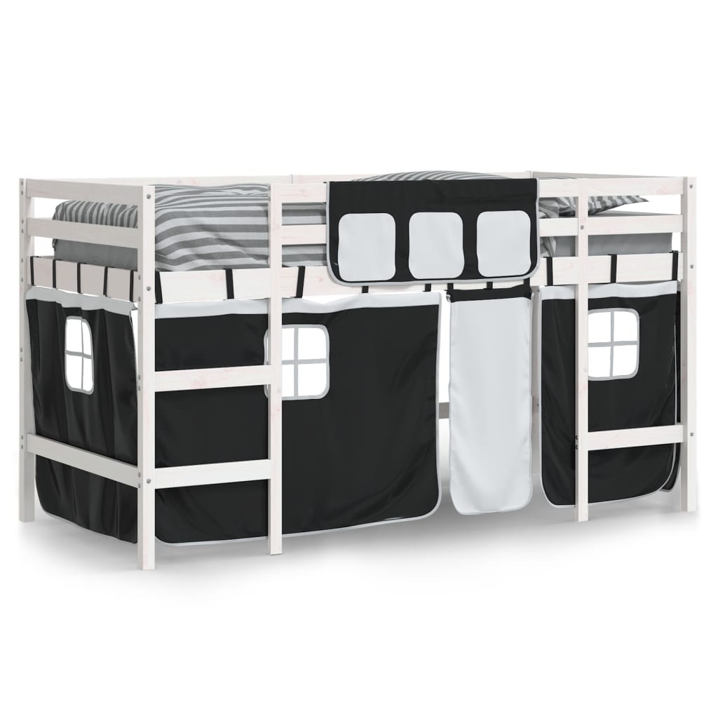 vidaXL Cama alta niños con cortinas madera pino blanco negro 90x200 cm