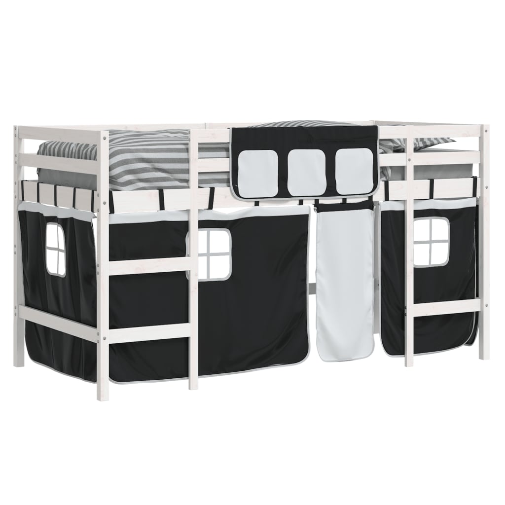 vidaXL Cama alta niños con cortinas madera pino blanco negro 90x200 cm