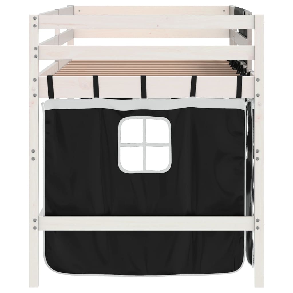 vidaXL Cama alta niños con cortinas madera pino blanco negro 90x200 cm