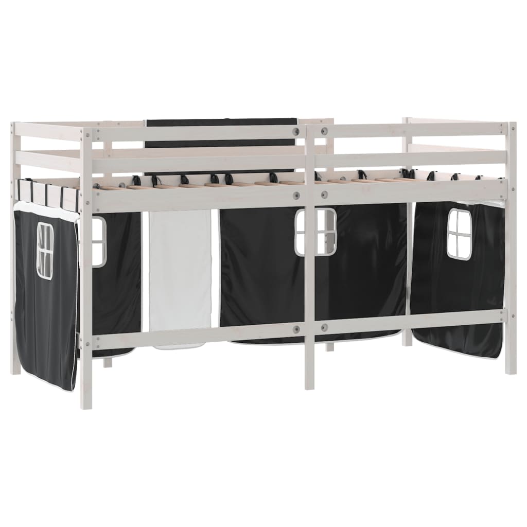 vidaXL Cama alta niños con cortinas madera pino blanco negro 90x200 cm