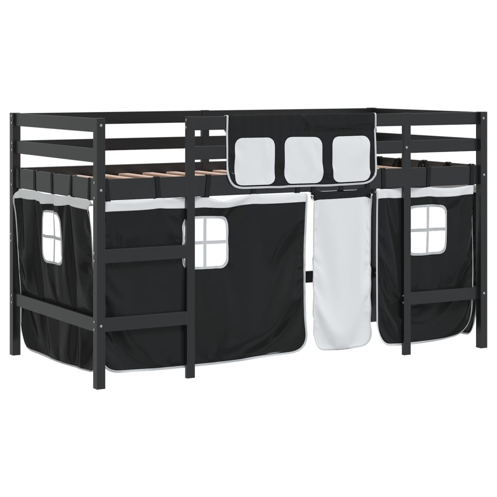 vidaXL Cama alta niños con cortinas madera pino blanco negro 90x200 cm