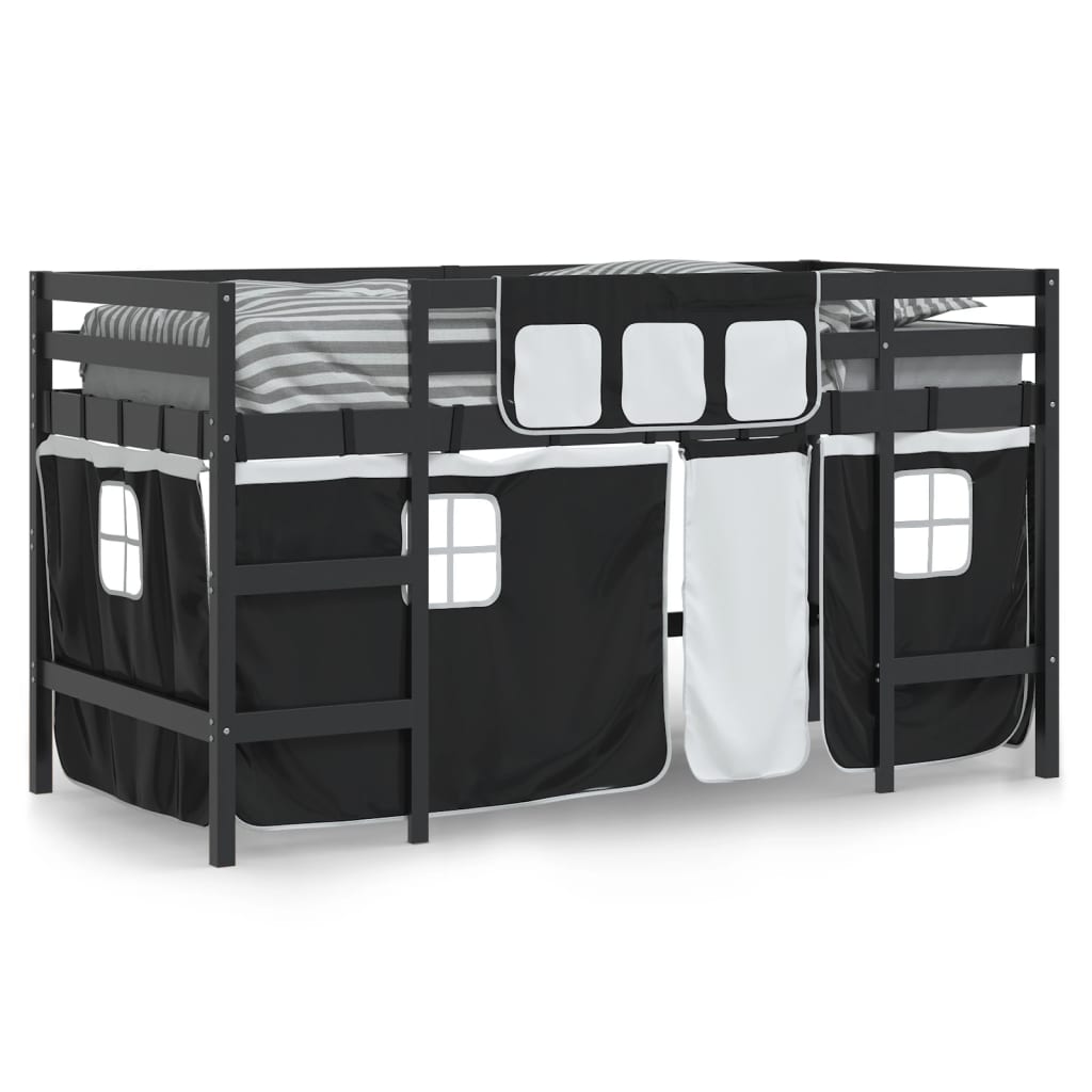 vidaXL Cama alta niños con cortinas madera pino blanco negro 90x200 cm