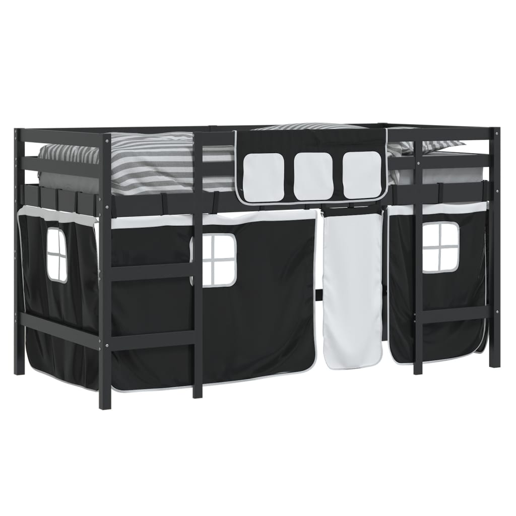 vidaXL Cama alta niños con cortinas madera pino blanco negro 90x200 cm