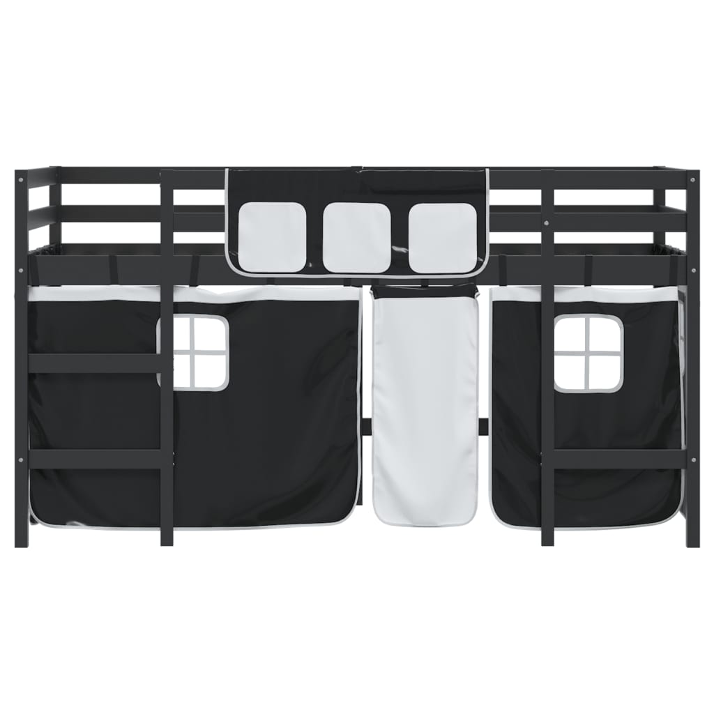 vidaXL Cama alta niños con cortinas madera pino blanco negro 90x200 cm