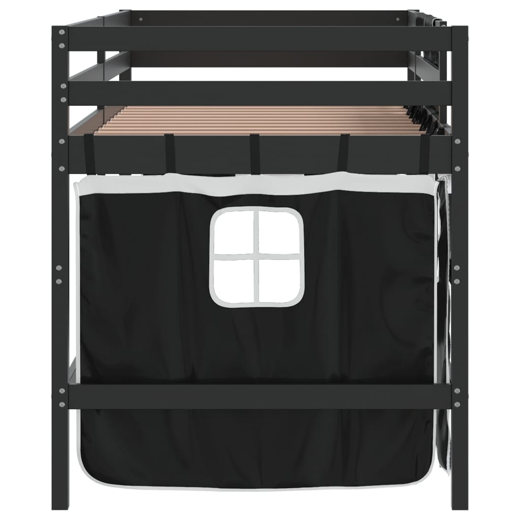 vidaXL Cama alta niños con cortinas madera pino blanco negro 90x200 cm