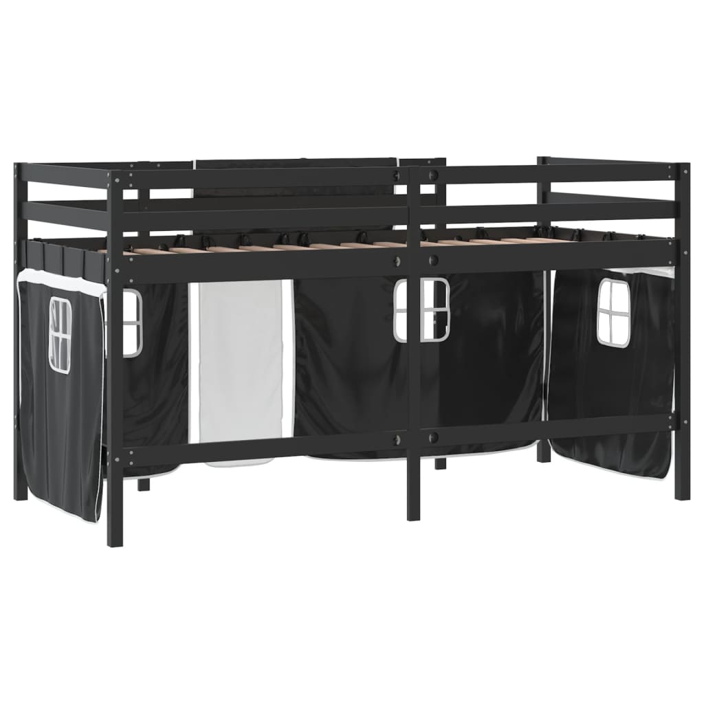 vidaXL Cama alta niños con cortinas madera pino blanco negro 90x200 cm