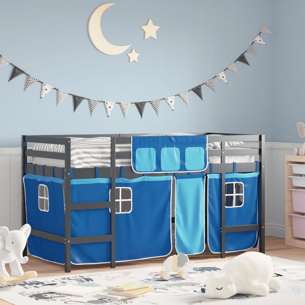 vidaXL Cama alta para niños con cortinas madera pino azul 90x200 cm