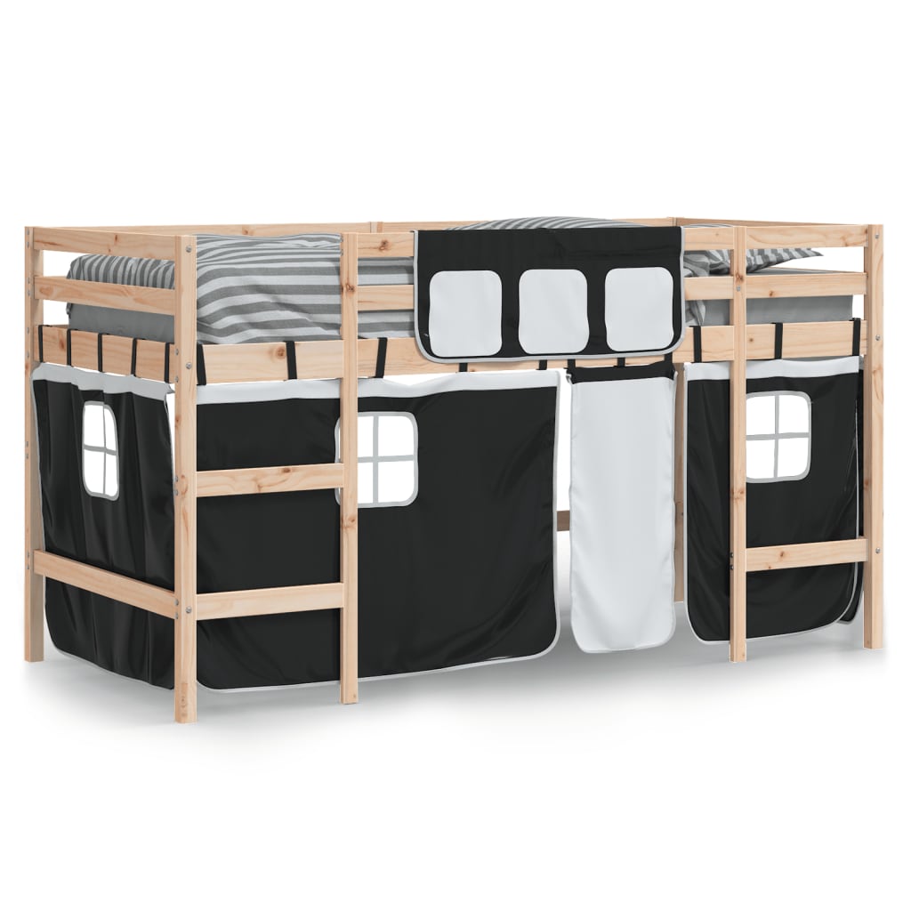 vidaXL Cama alta niños con cortinas madera pino blanco negro 90x190 cm