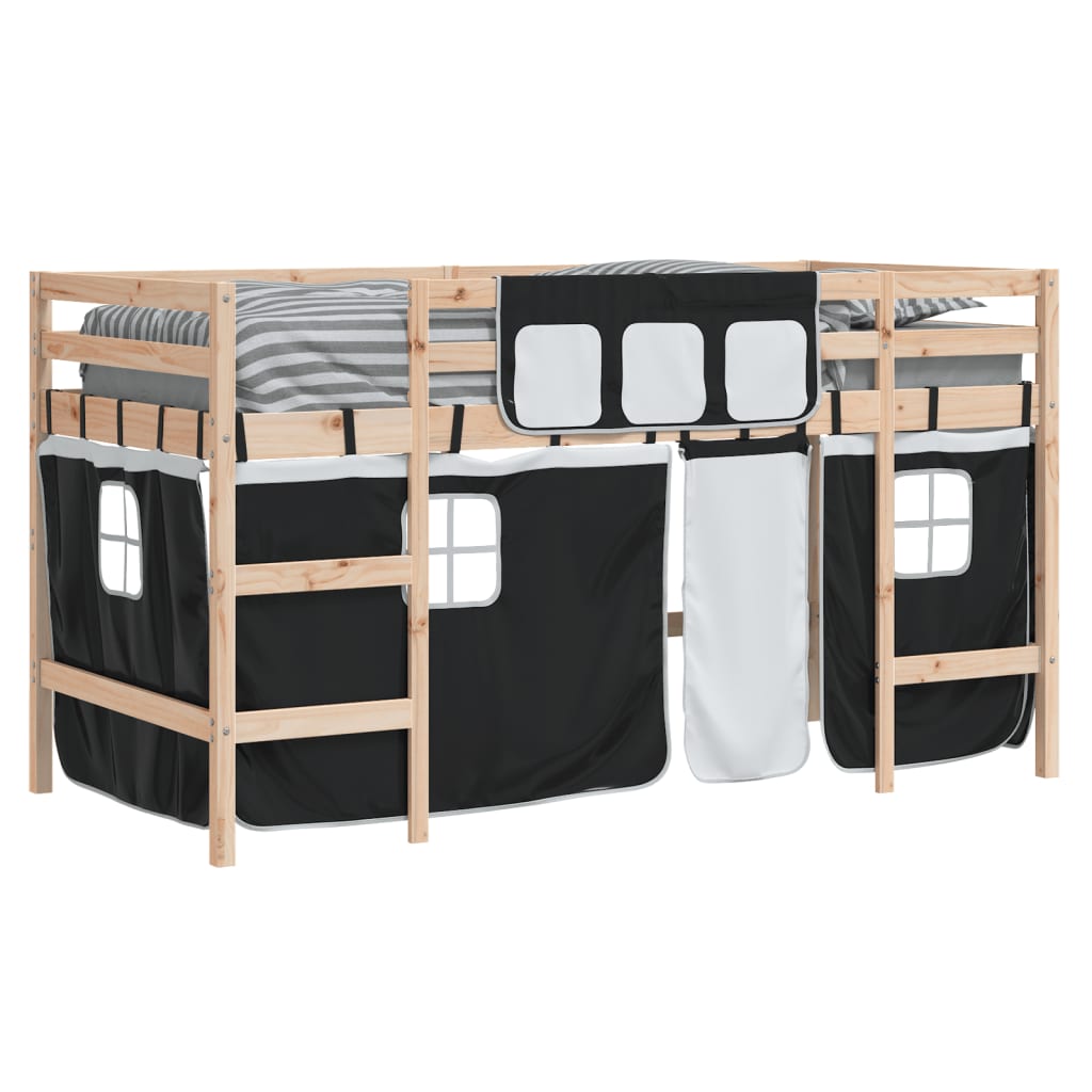 vidaXL Cama alta niños con cortinas madera pino blanco negro 90x190 cm