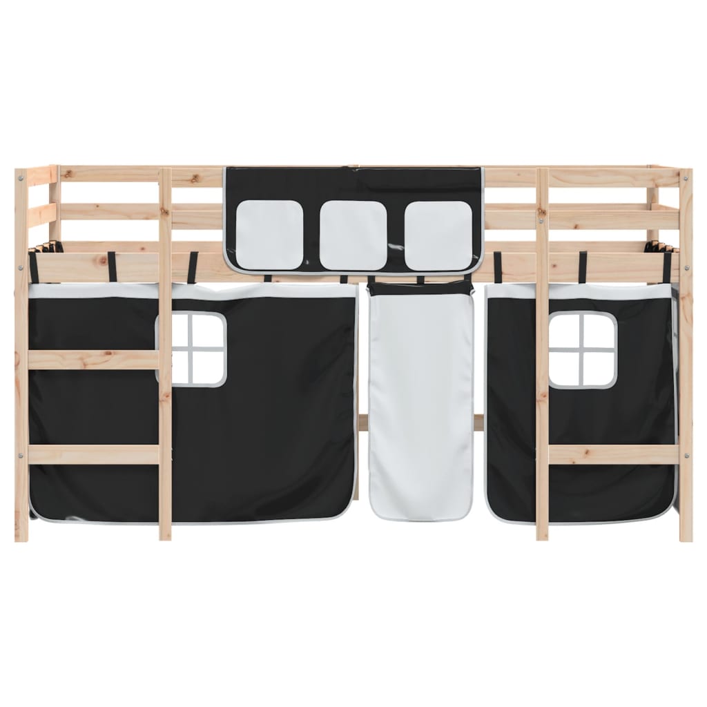 vidaXL Cama alta niños con cortinas madera pino blanco negro 90x190 cm