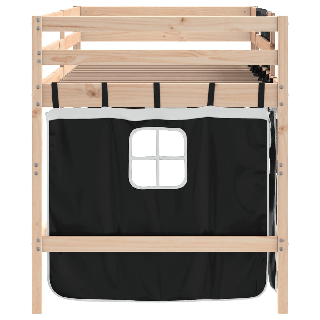 vidaXL Cama alta niños con cortinas madera pino blanco negro 90x190 cm