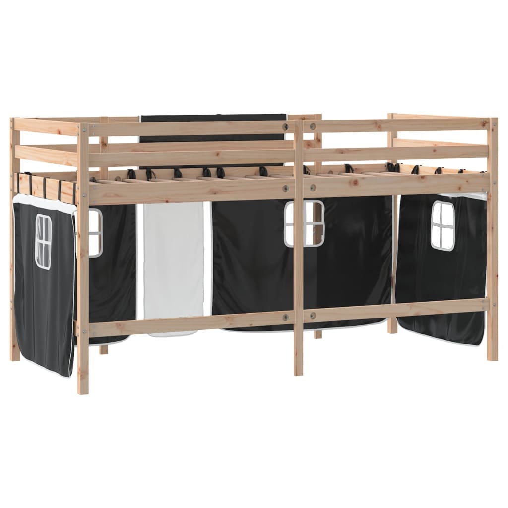 vidaXL Cama alta niños con cortinas madera pino blanco negro 90x190 cm