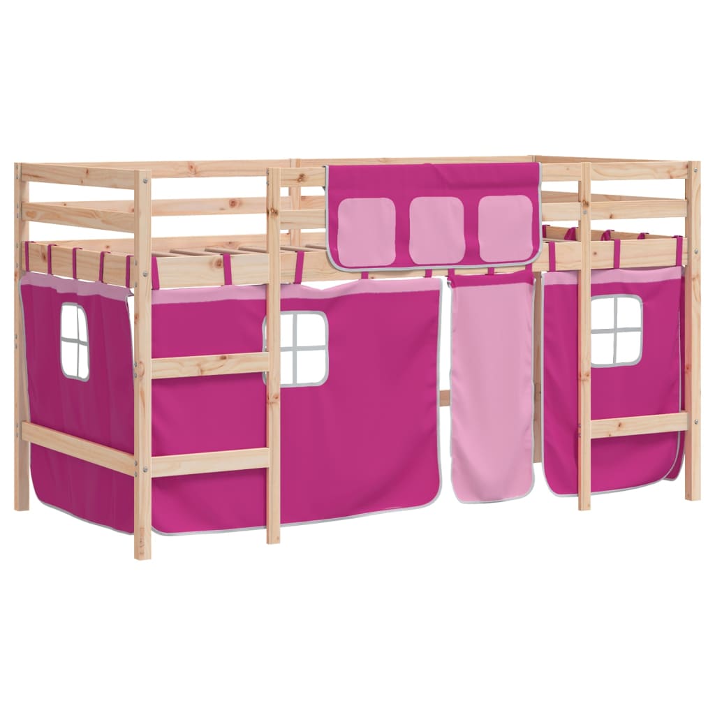 vidaXL Cama alta para niños con cortinas madera pino rosa 90x190 cm