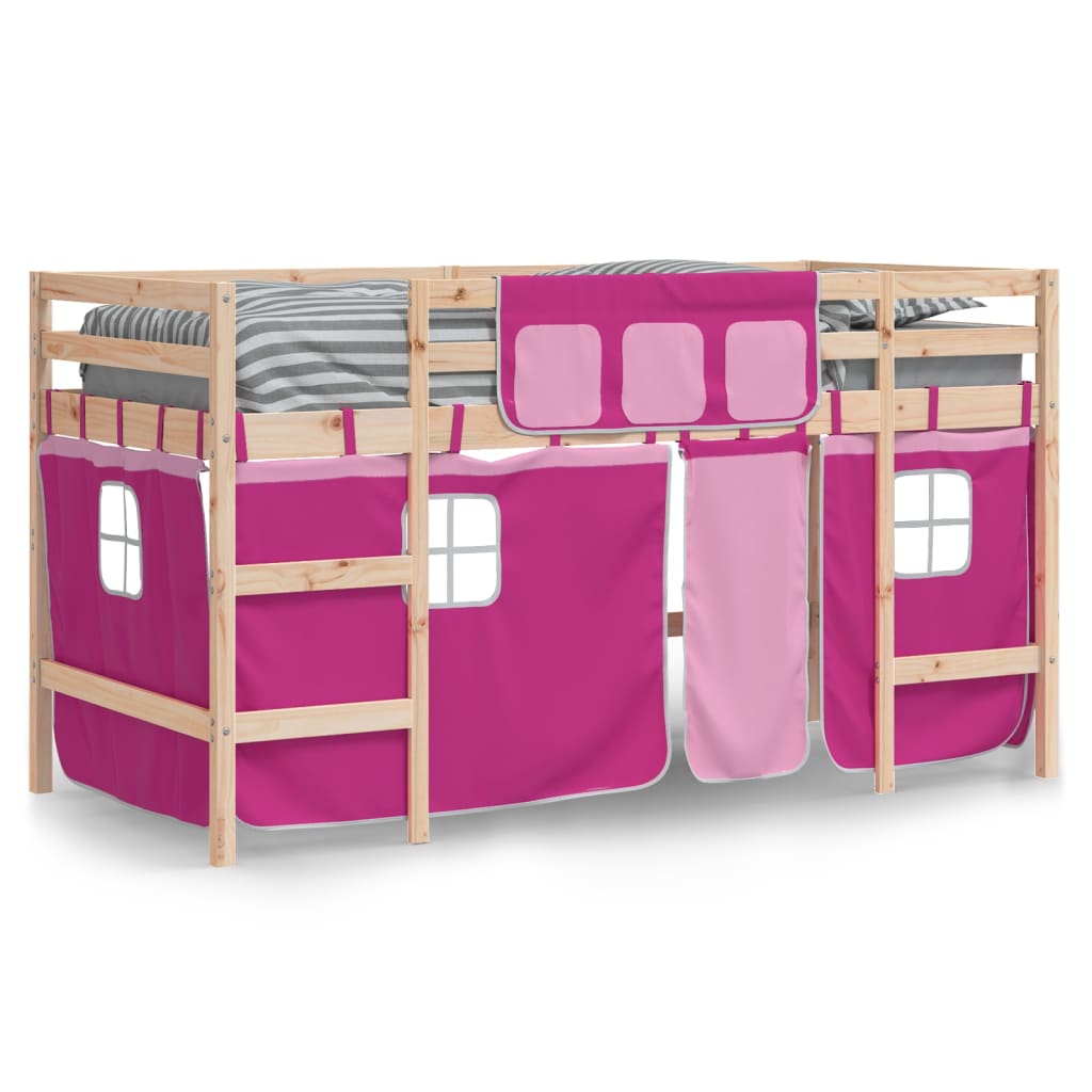 vidaXL Cama alta para niños con cortinas madera pino rosa 90x190 cm