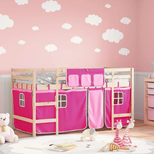 vidaXL Cama alta para niños con cortinas madera pino rosa 90x190 cm