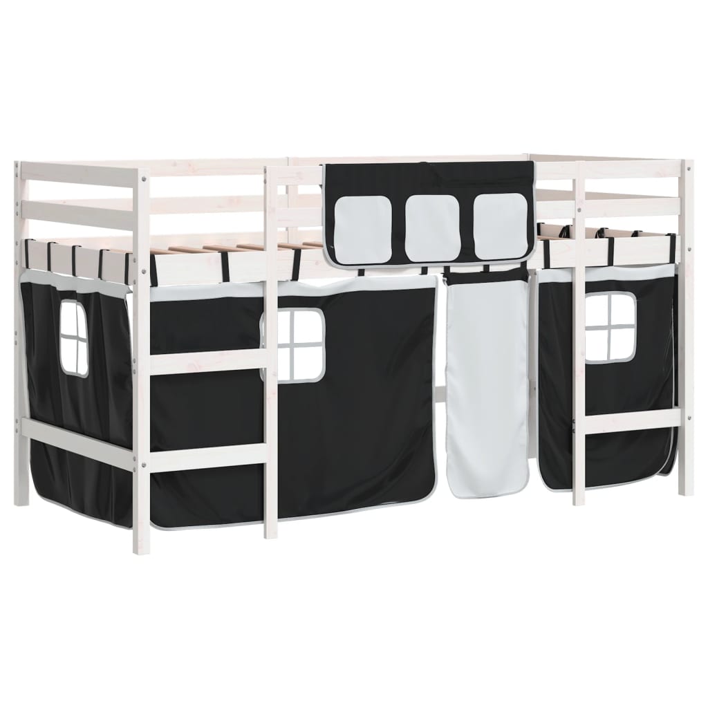 vidaXL Cama alta niños con cortinas madera pino blanco negro 90x190 cm