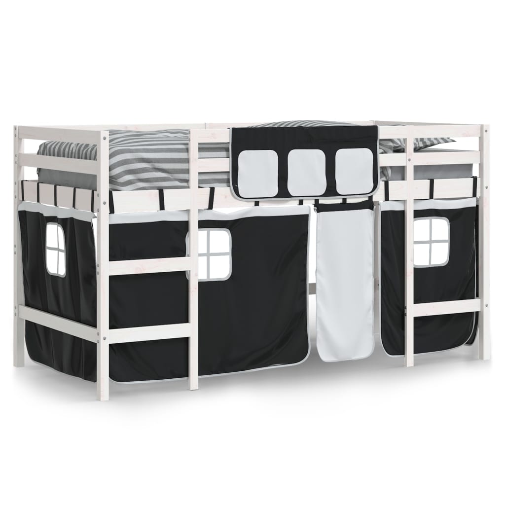 vidaXL Cama alta niños con cortinas madera pino blanco negro 90x190 cm