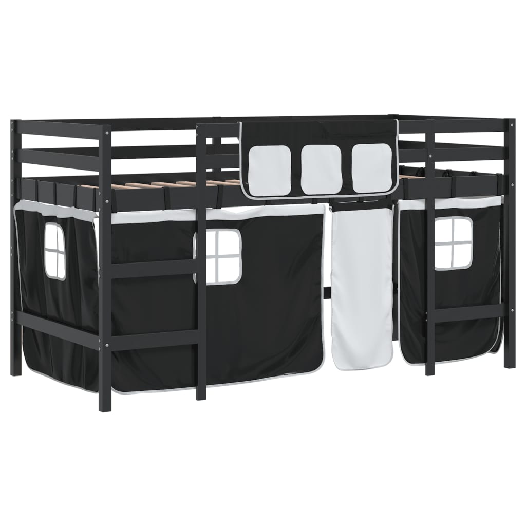 vidaXL Cama alta niños con cortinas madera pino blanco negro 90x190 cm