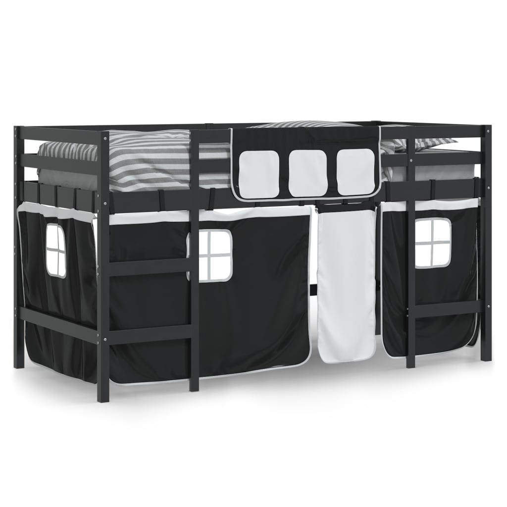 vidaXL Cama alta niños con cortinas madera pino blanco negro 90x190 cm