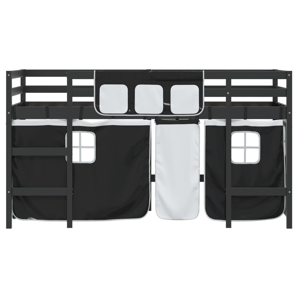 vidaXL Cama alta niños con cortinas madera pino blanco negro 90x190 cm