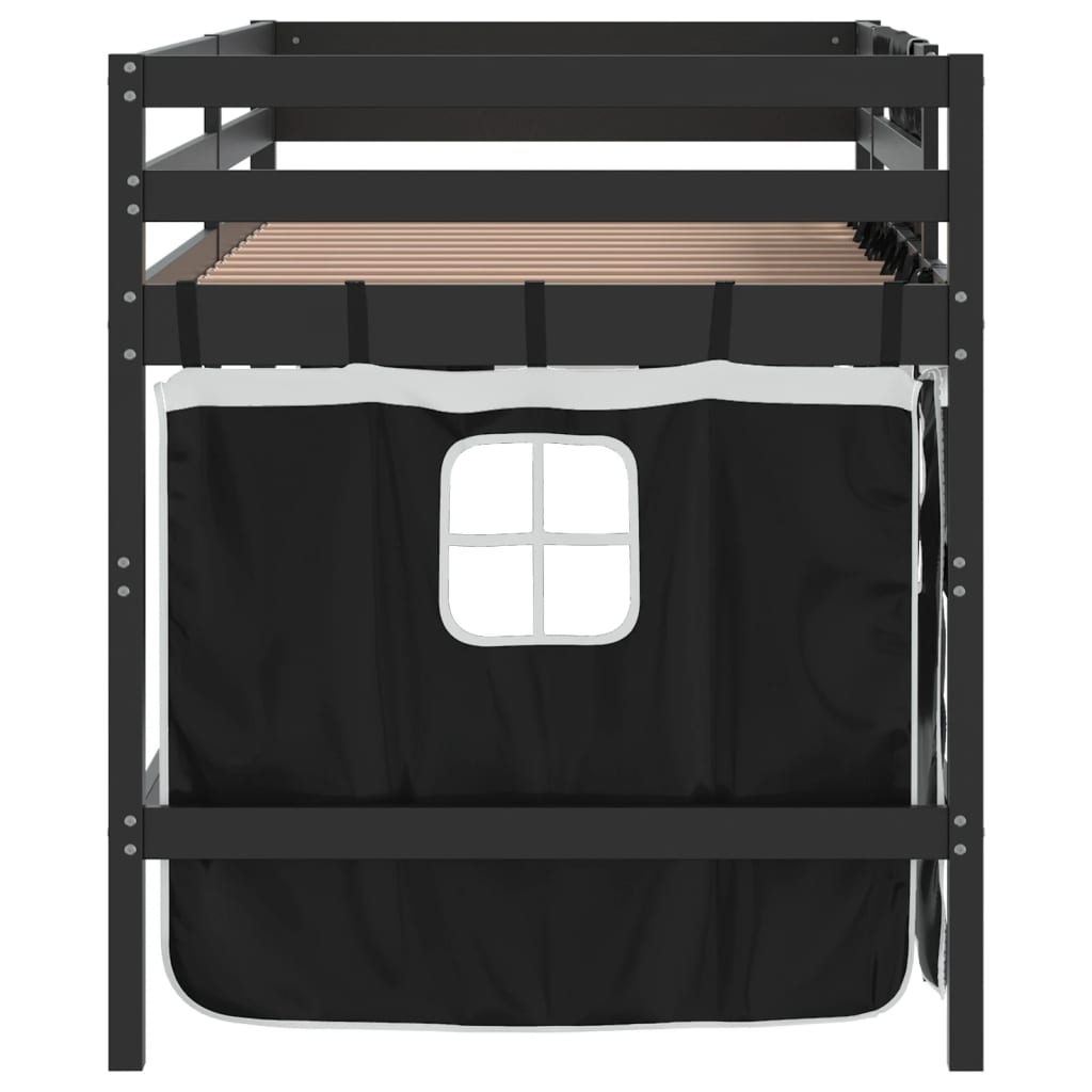 vidaXL Cama alta niños con cortinas madera pino blanco negro 90x190 cm