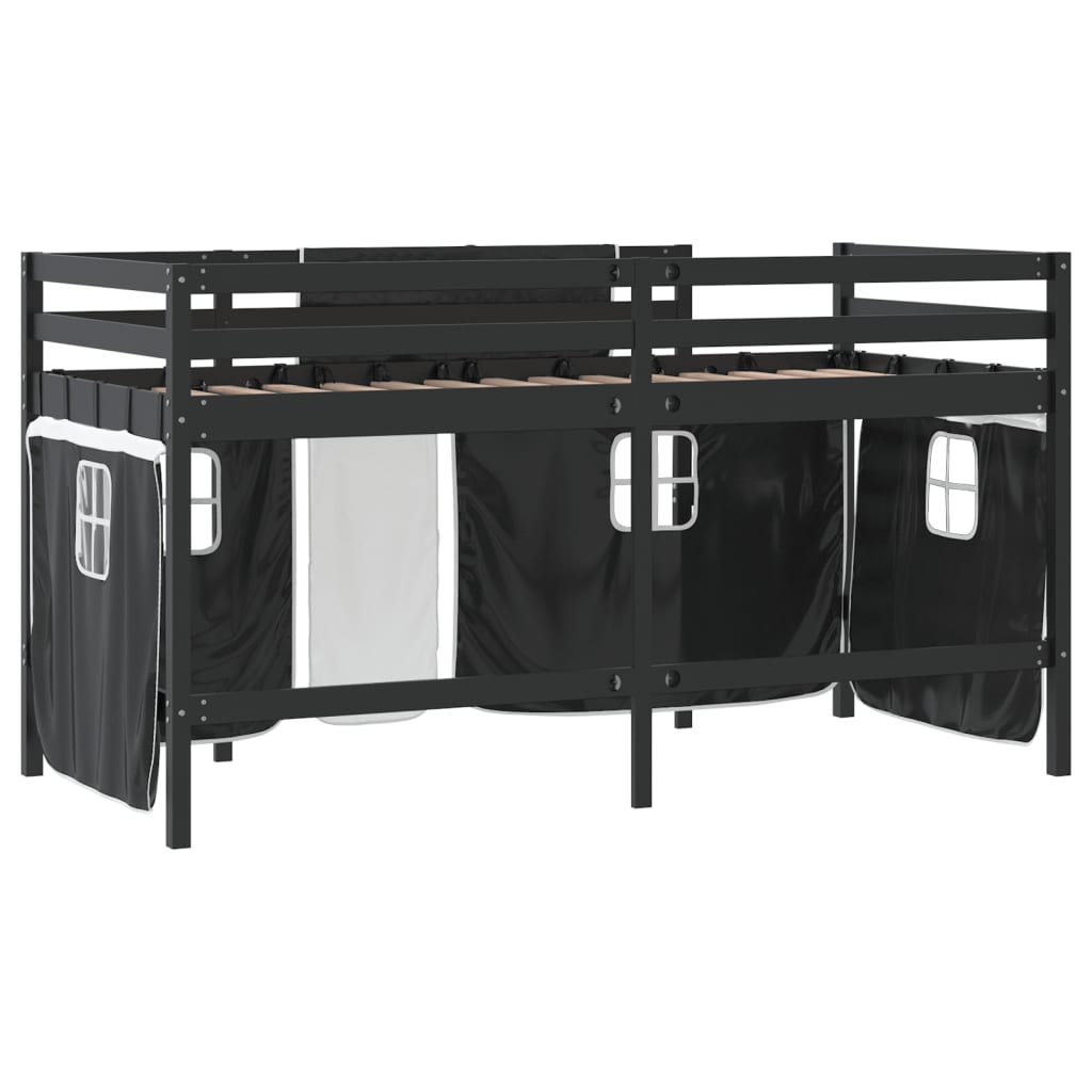 vidaXL Cama alta niños con cortinas madera pino blanco negro 90x190 cm