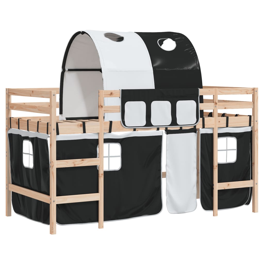 vidaXL Cama alta niños con túnel madera pino blanco negro 90x200 cm