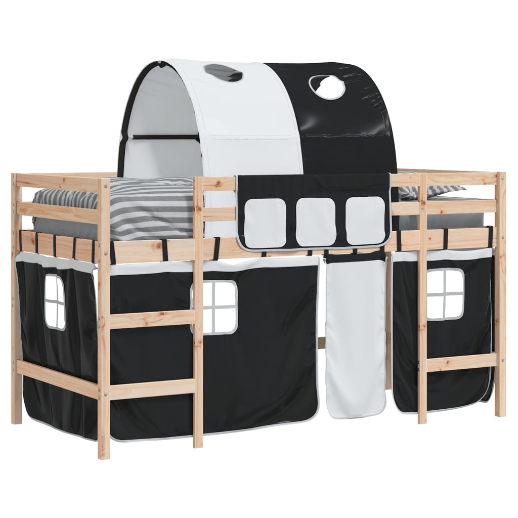 vidaXL Cama alta niños con túnel madera pino blanco negro 90x200 cm