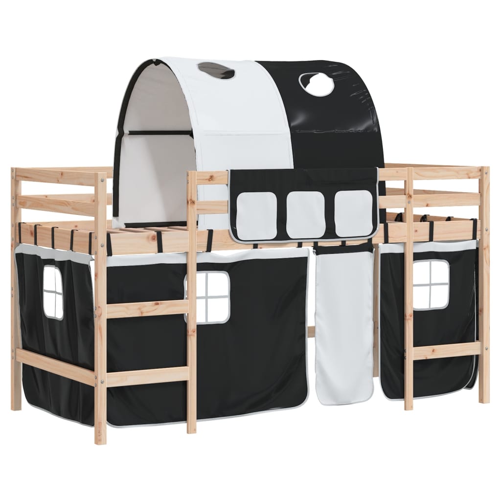 vidaXL Cama alta niños con túnel madera pino blanco negro 90x190 cm