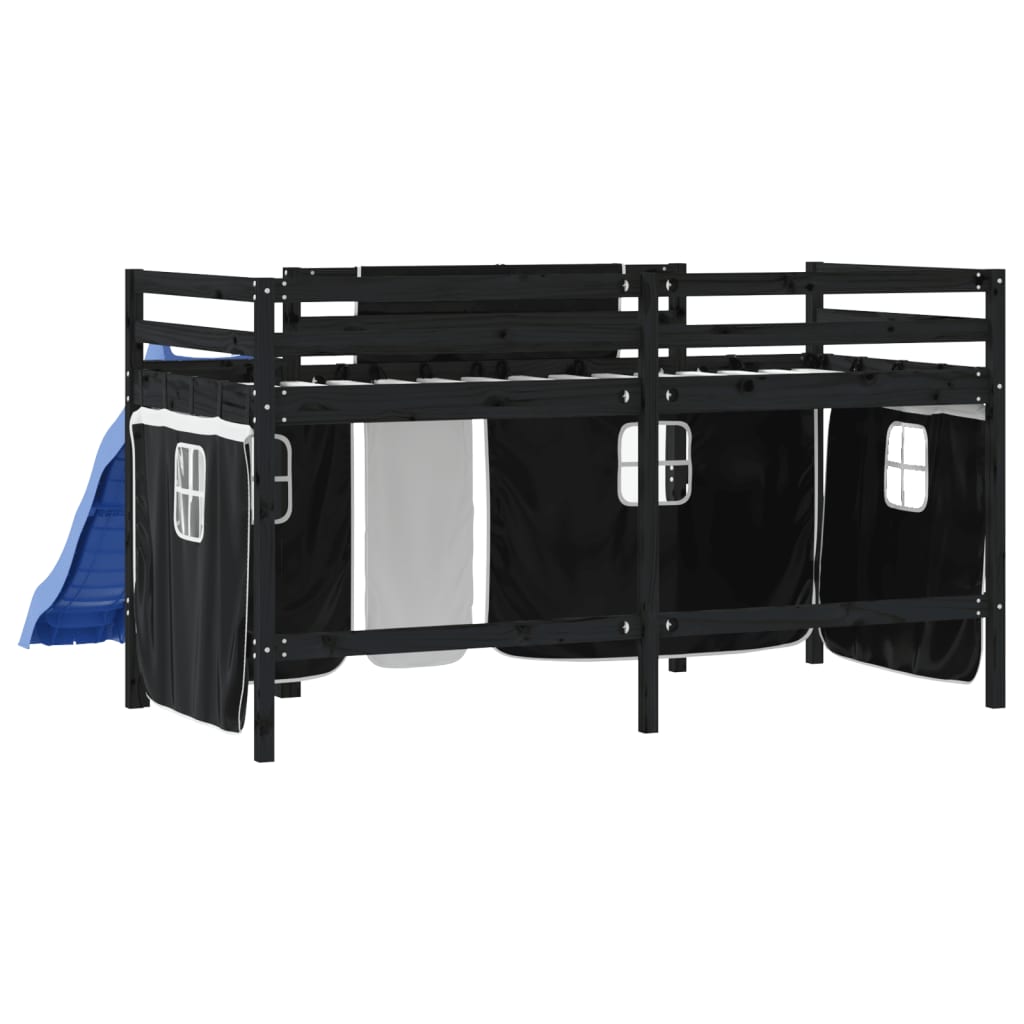 vidaXL Cama alta niños con cortinas madera pino blanco negro 80x200 cm