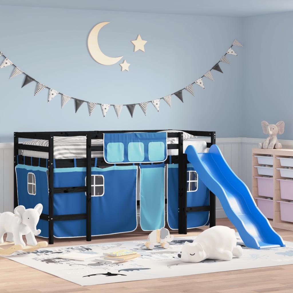 vidaXL Cama alta para niños con cortinas madera pino azul 90x200 cm