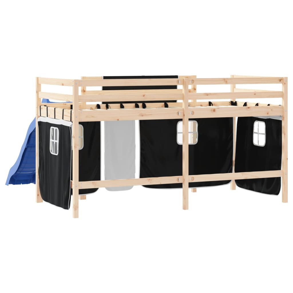 vidaXL Cama alta niños con cortinas madera pino blanco negro 90x190 cm