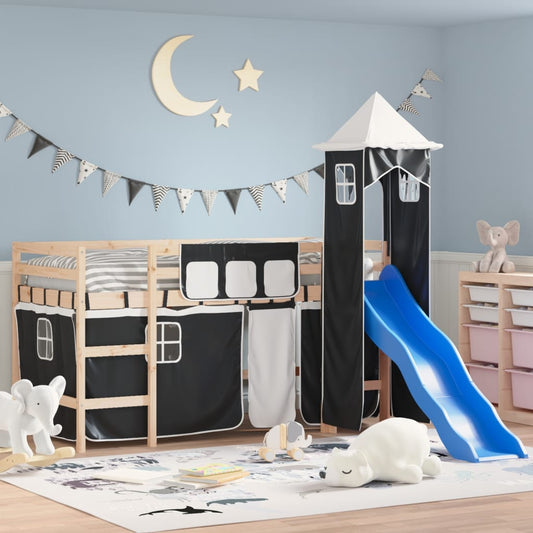 vidaXL Cama alta niños con torre madera pino blanco negro 80x200 cm