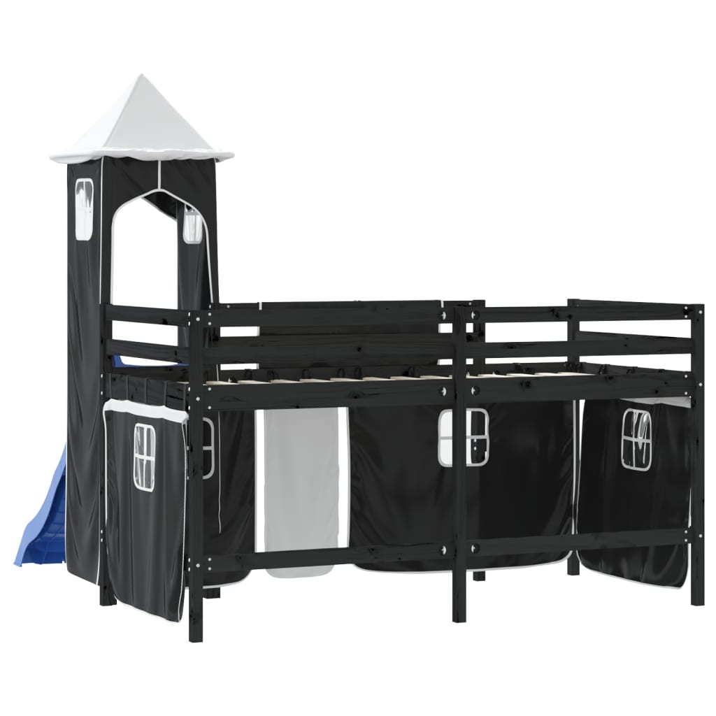 vidaXL Cama alta niños con torre madera pino blanco negro 80x200 cm