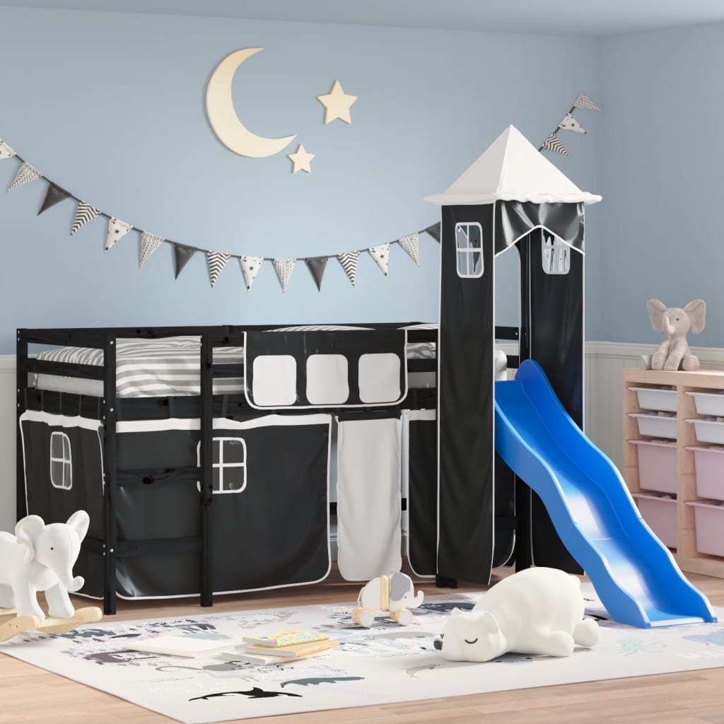 vidaXL Cama alta niños con torre madera pino blanco negro 80x200 cm