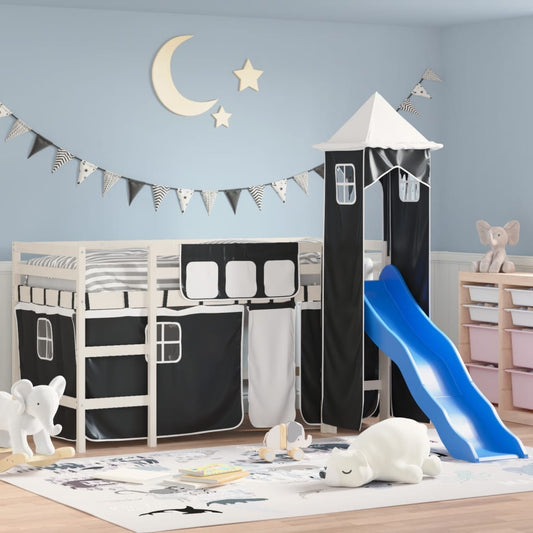 vidaXL Cama alta niños con torre madera pino blanco negro 90x200 cm