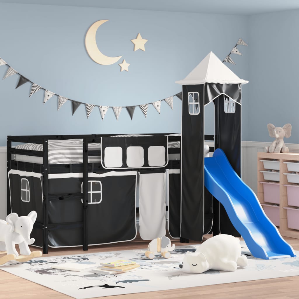 vidaXL Cama alta niños con torre madera pino blanco negro 90x200 cm